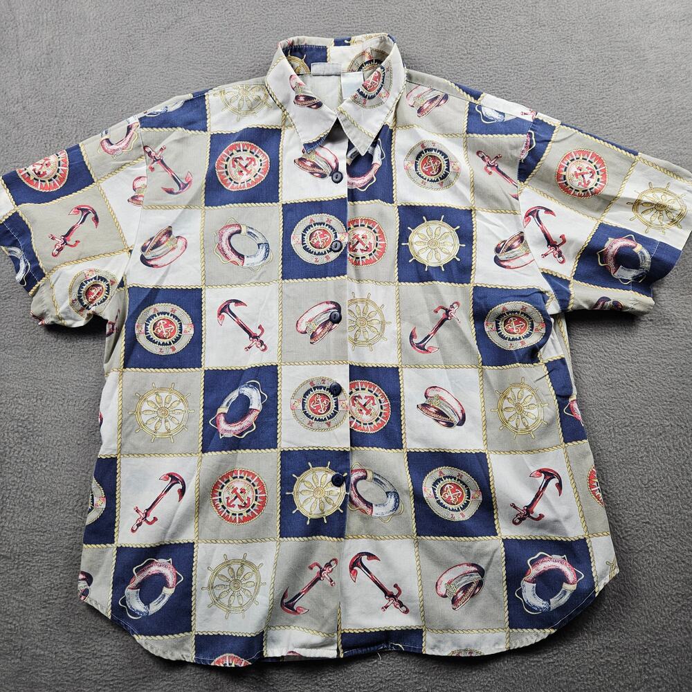 Cabin Creek Nautical Blouse Shirt Womens XL Button Up Old Money Short Sleeve